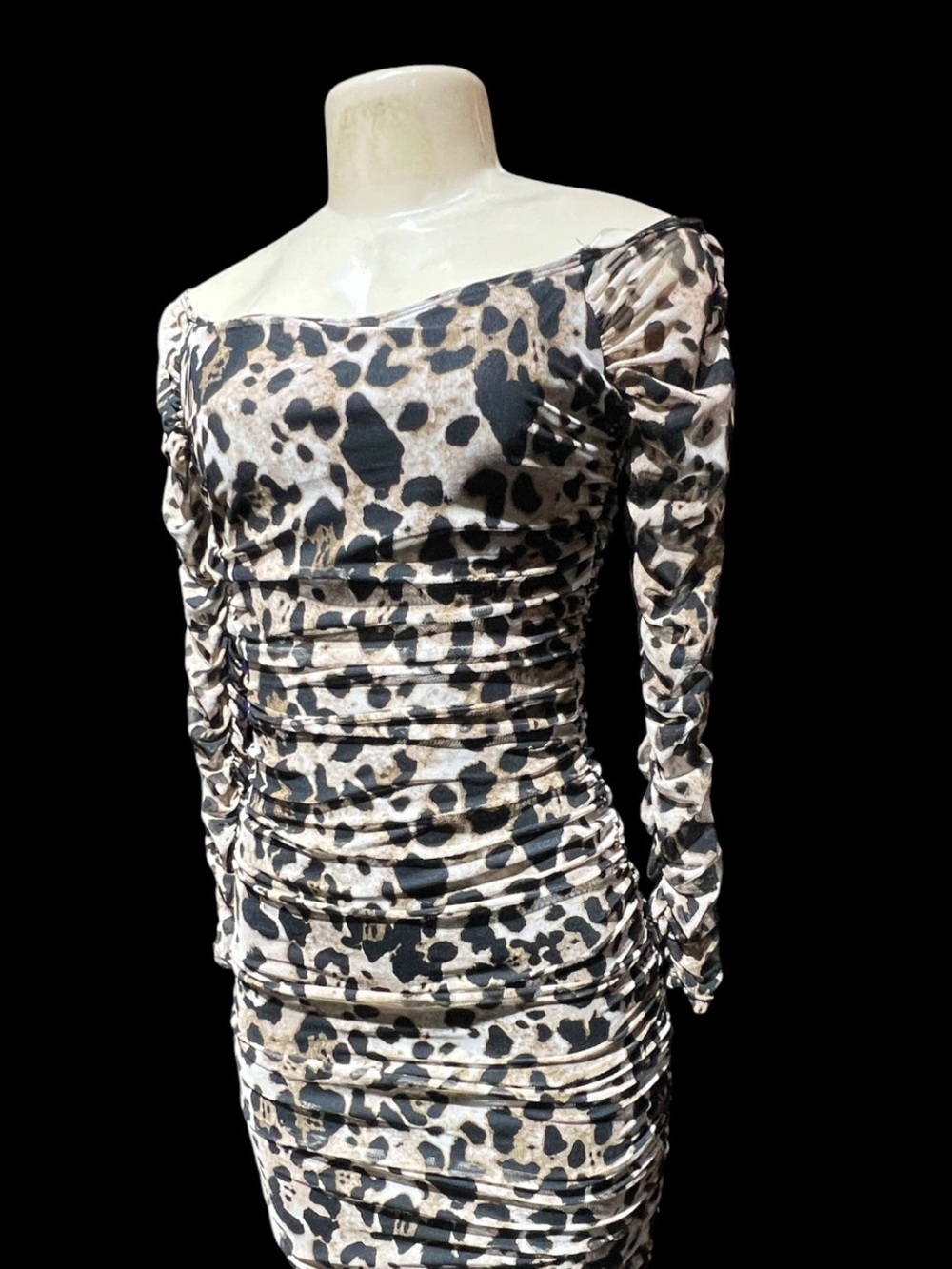 Ruched Leopard-Print Mini Dress - Beige & Black